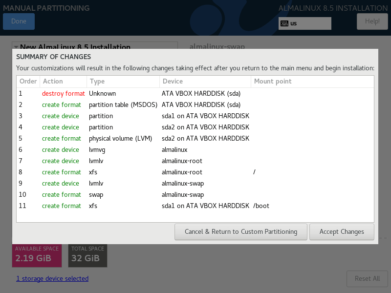 AlmaLinux Partitioning Changes