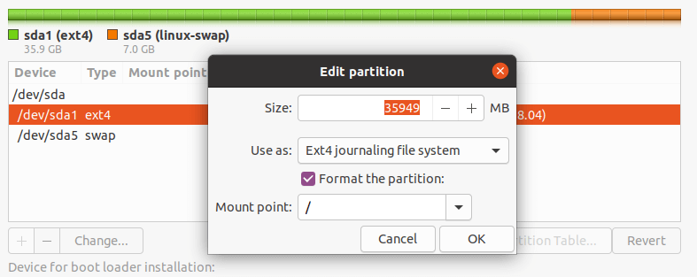 Edit Partition for Ubuntu Installation