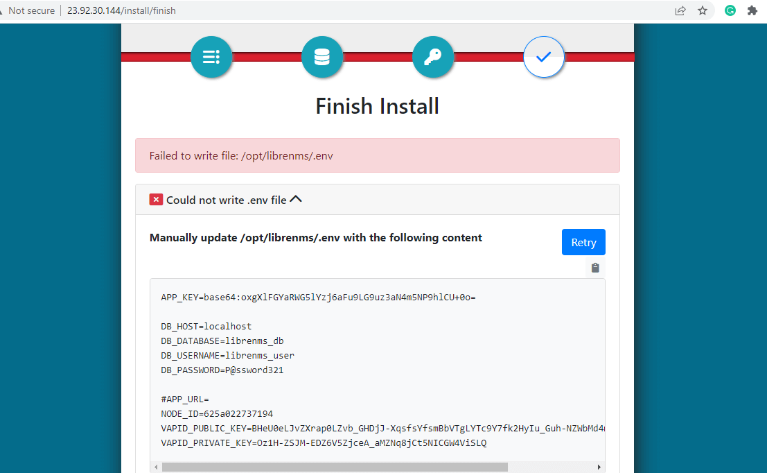 Failed to write file: /opt/librenms/.env