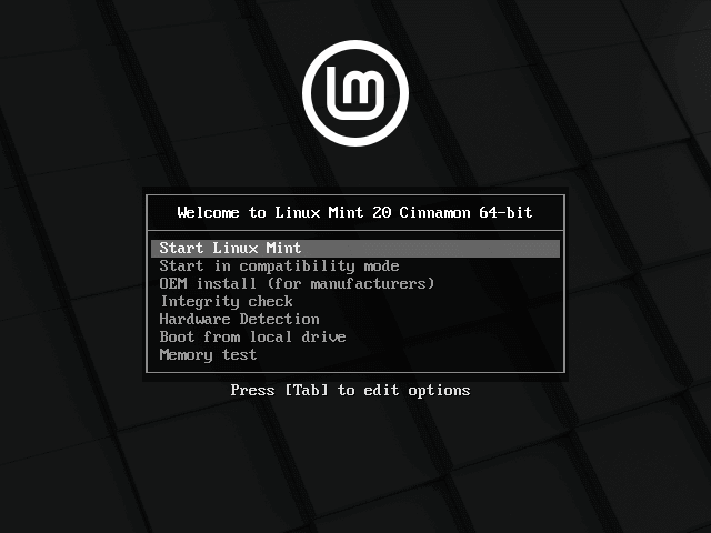 Select Start Linux Mint Cinnamon Install