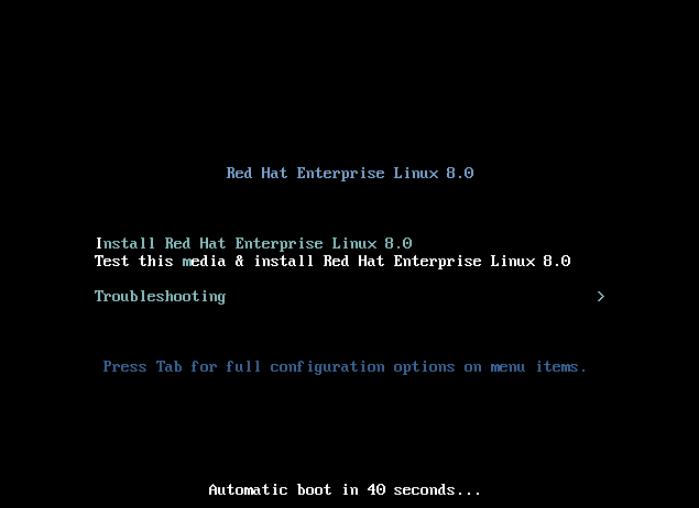 RHEL 8 Install Boot Menu