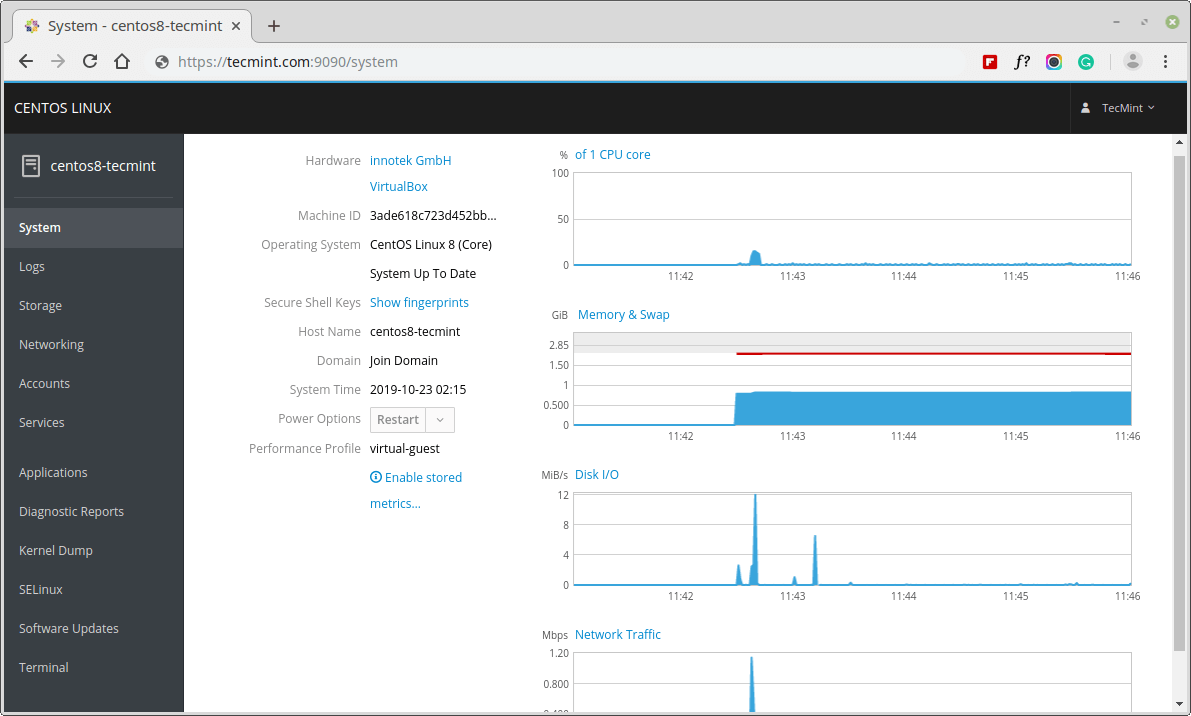 Running Cockpit Web Console in CentOS 8