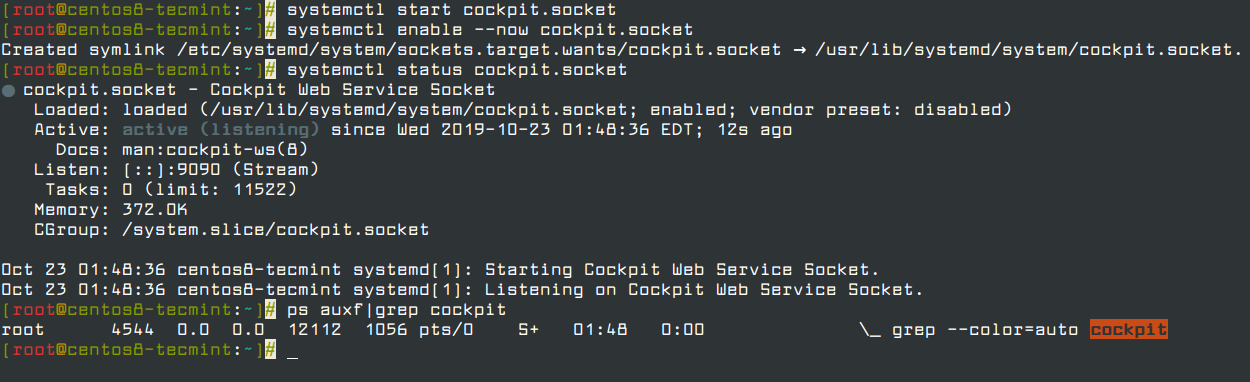Start and Verify Cockpit Web Console in CentOS 8
